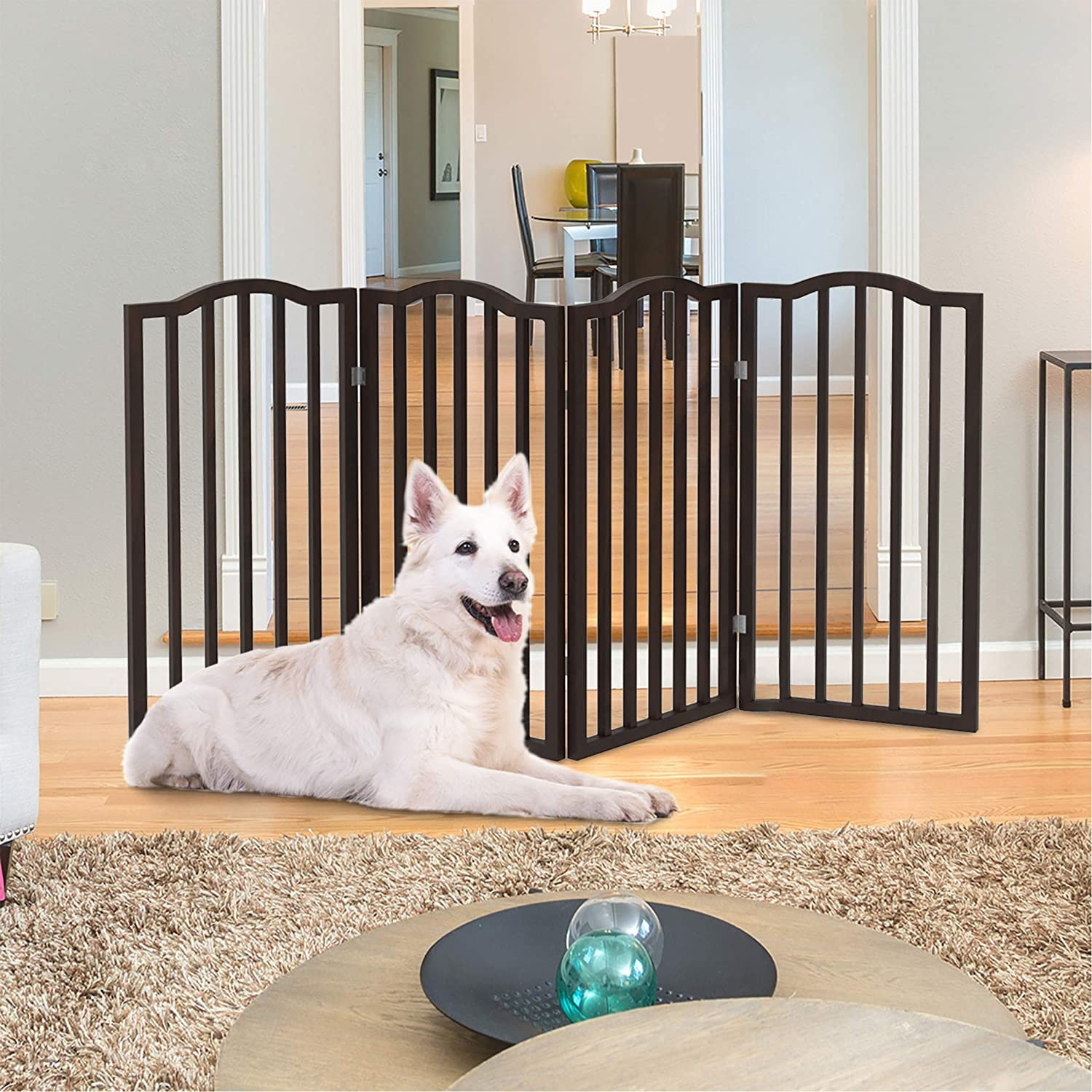 Tucker Murphy Pet 4 Panel Scalloped Free Standing Pet Gate Solid Wood Dog Gate Folding Pet Fence For Home Indoor Stair Entryway Wayfair Canada